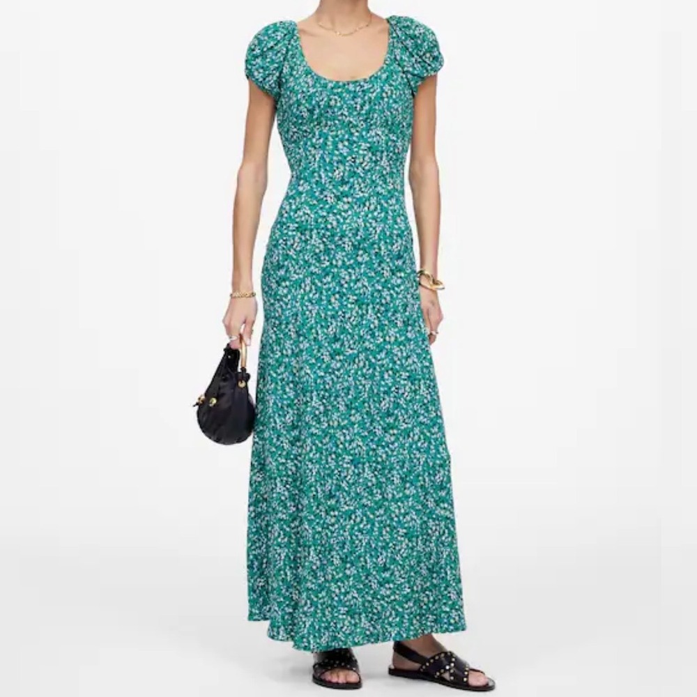 Madewell Ruched Scoopneck Midi Dress Floral Meadow Ditsy Kelly Green Size 10